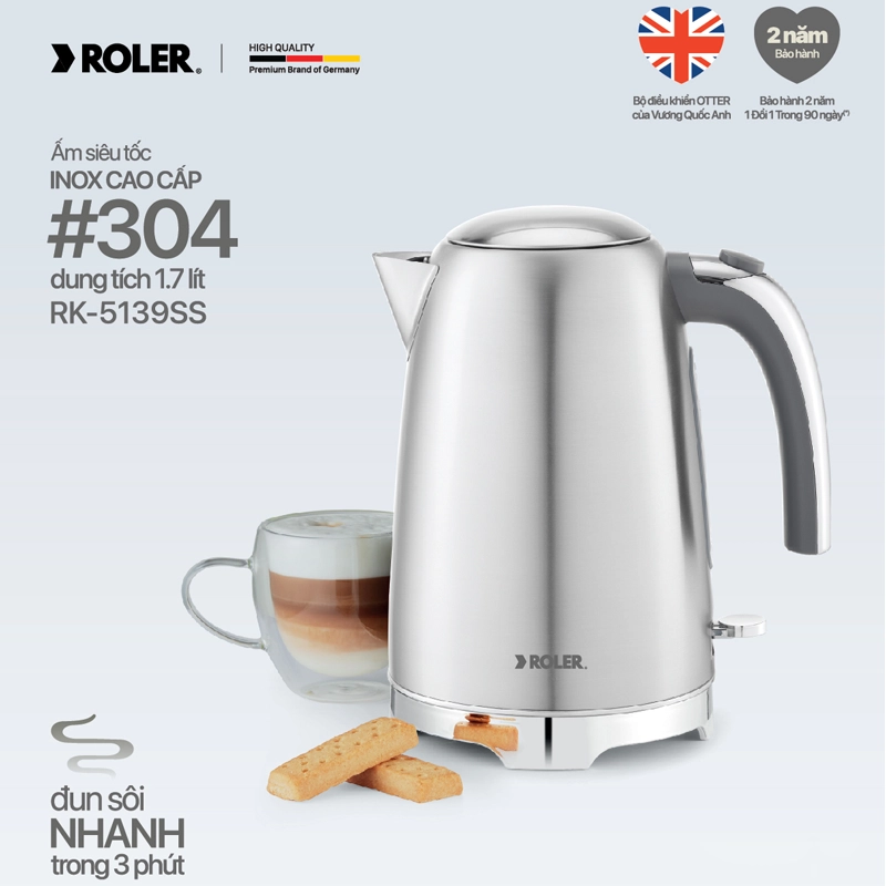 Ấm siêu tốc Inox 304 1.7 lít Roler RK-5139SS 1850-2200W