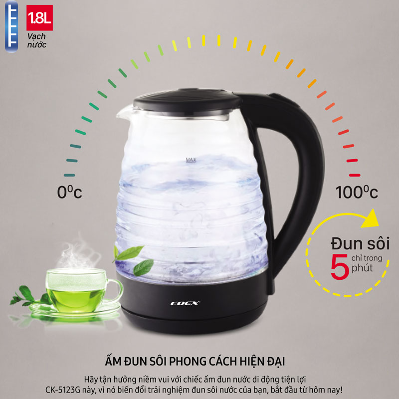 Ấm siêu tốc thủy tinh 1.8L Coex CK-5123G
