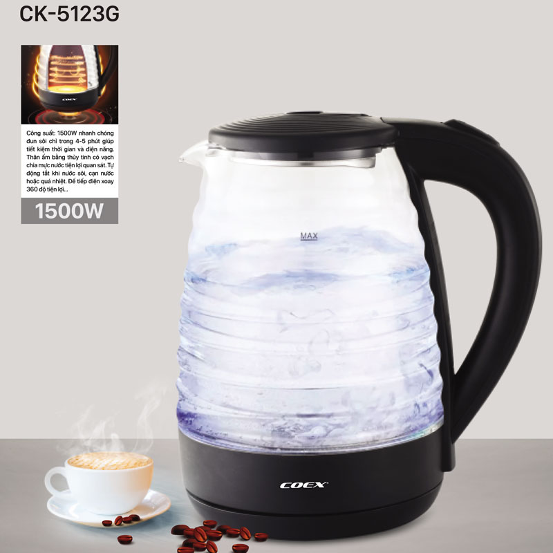 Ấm siêu tốc thủy tinh 1.8L Coex CK-5123G