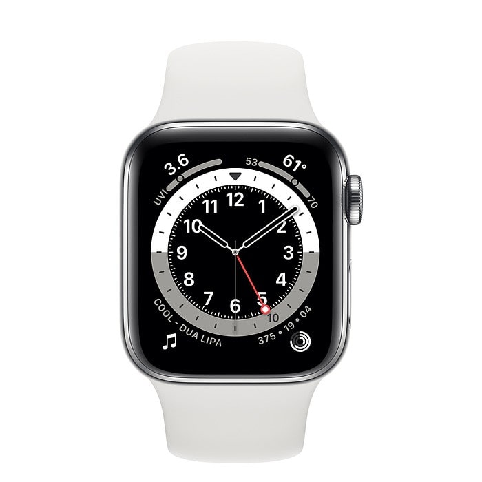 Apple Watch 6 44mm (4G) viền thép bạc - Dây cao su Trắng Chính hãng (M09D3VN/A)