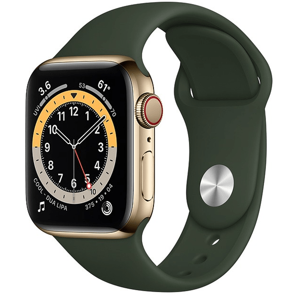 Apple Watch 6 44mm (4G) viền thép vàng - Dây cao su Xanh Chính hãng (M09F3VN/A)