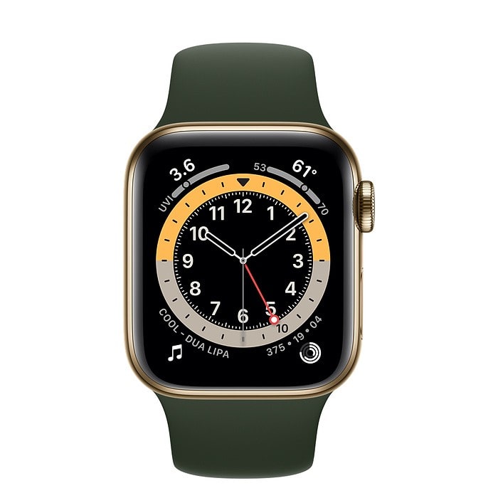 Apple Watch 6 44mm (4G) viền thép vàng - Dây cao su Xanh Chính hãng (M09F3VN/A)