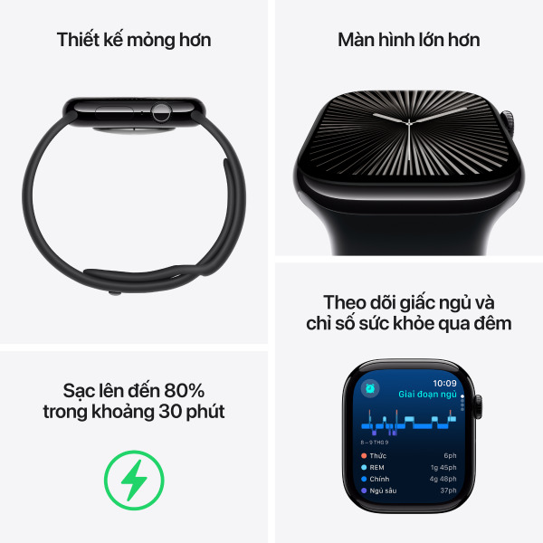 Apple Watch Series 10 42mm 4G Viền Nhôm Dây Cao Su Size M/L Đen MWX73SA/A