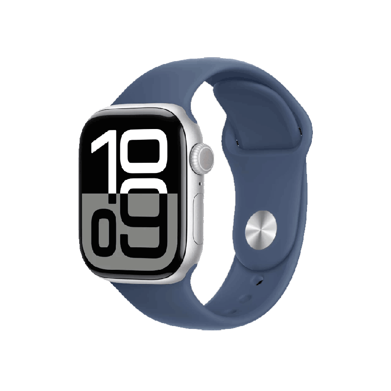 Apple Watch Series 10 GPS + Cellular 42mm Silver Aluminium Case with Denim Sport Band - S/M MWX33SA/A