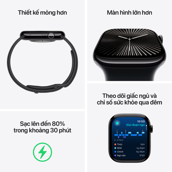 Apple Watch Series 10 42mm (GPS) Viền Nhôm Dây Cao Su Size S/M Đen MWWE3SA/A