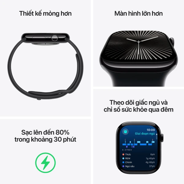 Apple Watch Series 10 42mm (GPS) Viền Nhôm Dây Cao Su Size S/M Đen MWWE3SA/A