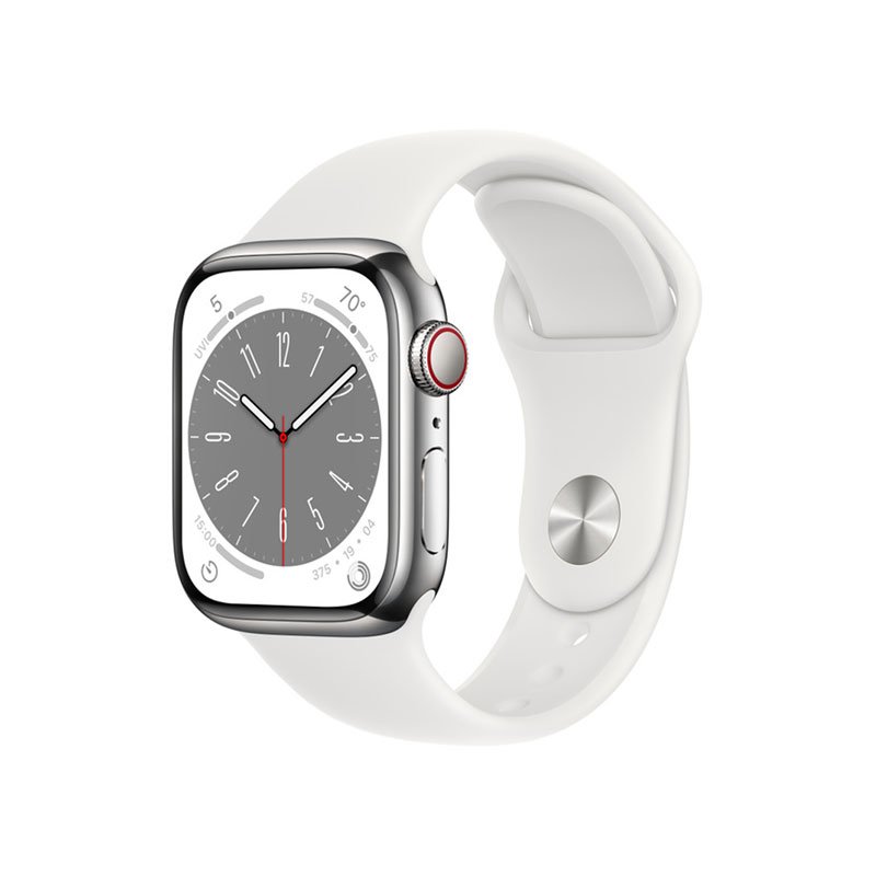 Apple Watch Sr 8 GPS + Cellular 45mm viền thép bạc - Dây cao su trắng (MNKE3VN/A)