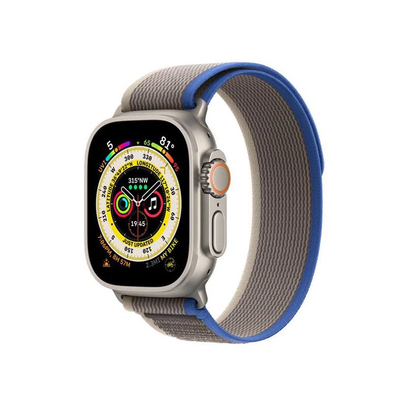 Apple Watch Ultra GPS + Cellular, 49mm Titanium Case with Blue/Gray Trail Loop - S/M (MNHL3VN/A)