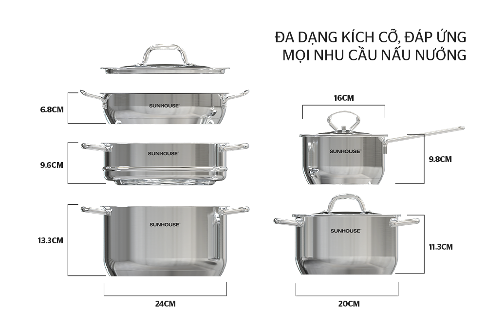 Bộ nồi chảo Inox 5 đáy Sunhouse SHG995