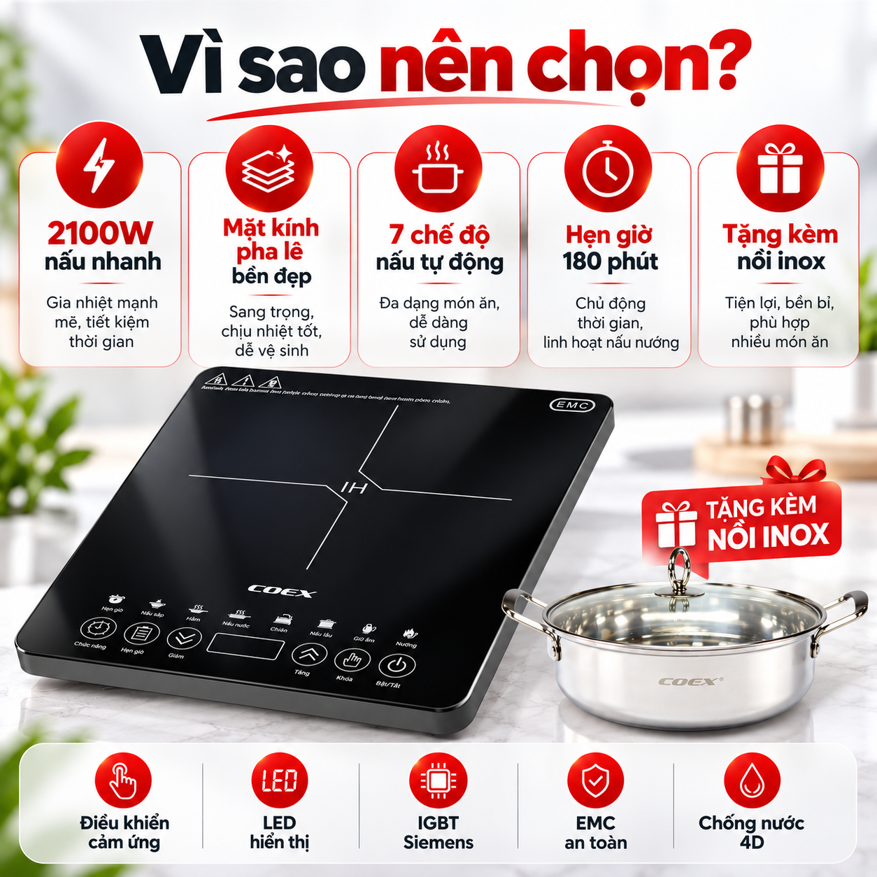 Bếp từ cảm ứng Coex CI-3372 (2100W, kèm nồi lẩu)