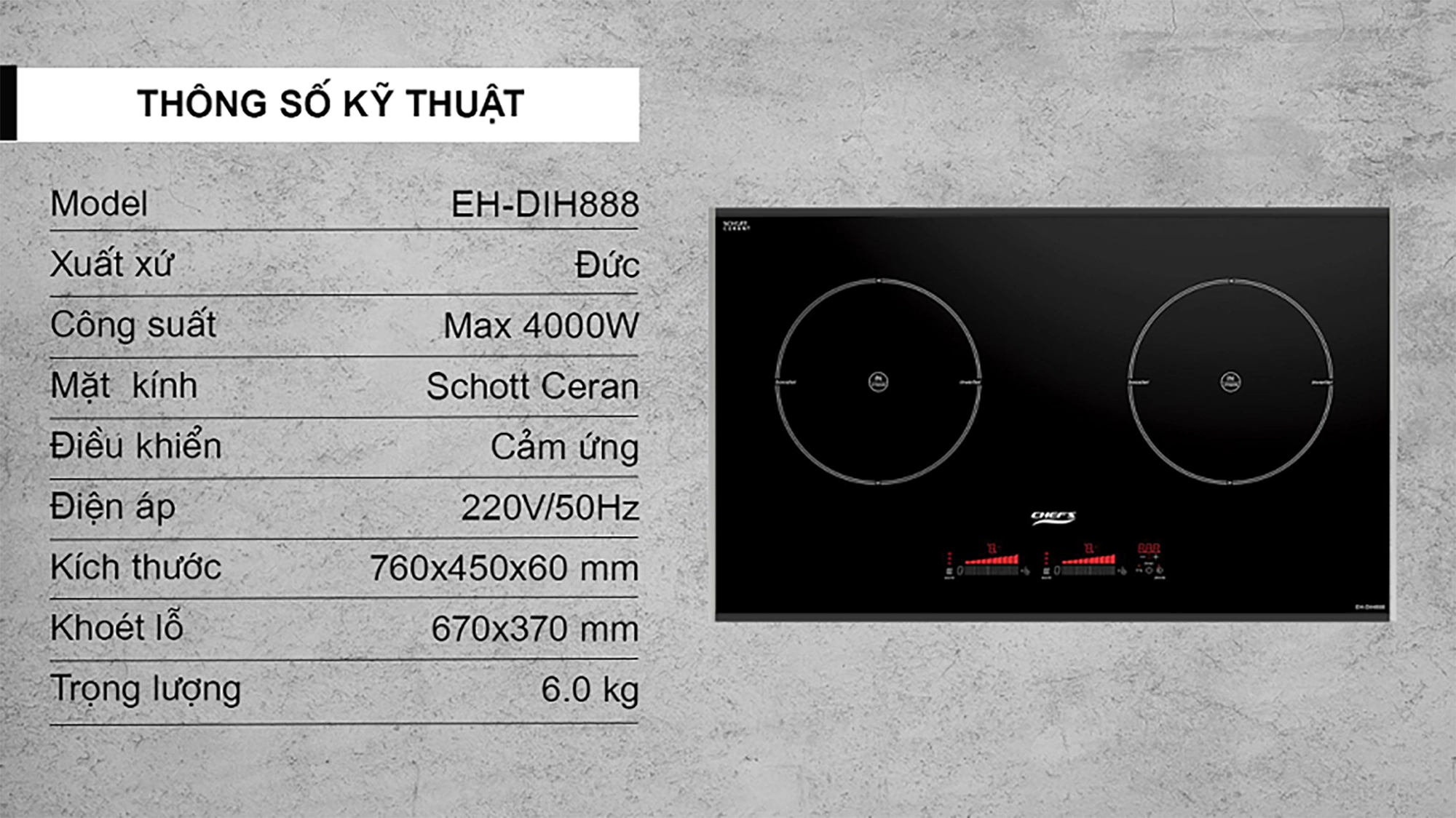 Bếp từ đôi Chefs EH-DIH888P ( Made in Germany) 4000 W