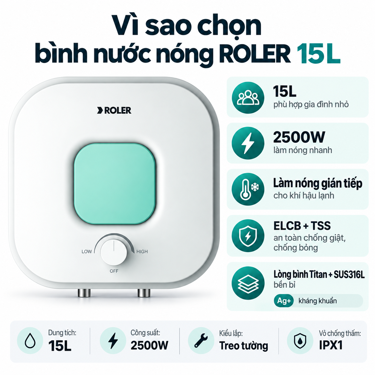 Bình nóng lạnh gián tiếp 15L Roler RWH-8116 (Kiểu vuông)