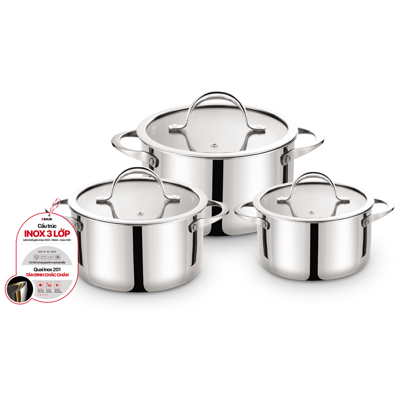 Bộ nồi 3 chiếc 3 lớp ROLER RCW-1115S03.6 (16-20-24cm)