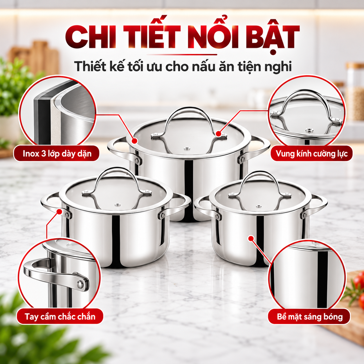 Bộ nồi Inox 304 cao cấp 3 lớp đáy liền ROLER RCW-1115S03.6 (Size 16-20-24cm)