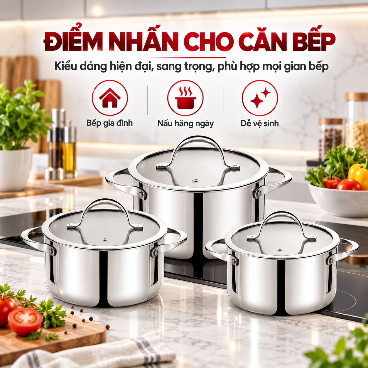 Bộ nồi Inox 304 cao cấp 3 lớp đáy liền ROLER RCW-1115S03.6 (Size 16-20-24cm)
