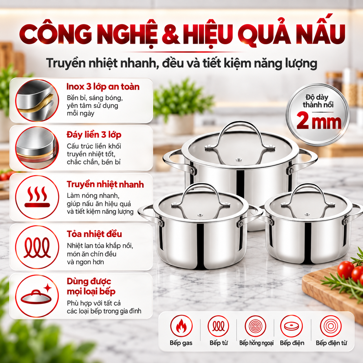 Bộ nồi Inox 304 cao cấp 3 lớp đáy liền ROLER RCW-1115S03.6 (Size 16-20-24cm)