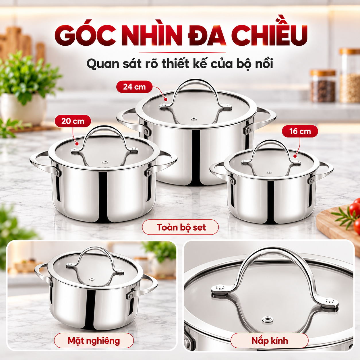Bộ nồi Inox 304 cao cấp 3 lớp đáy liền ROLER RCW-1115S03.6 (Size 16-20-24cm)