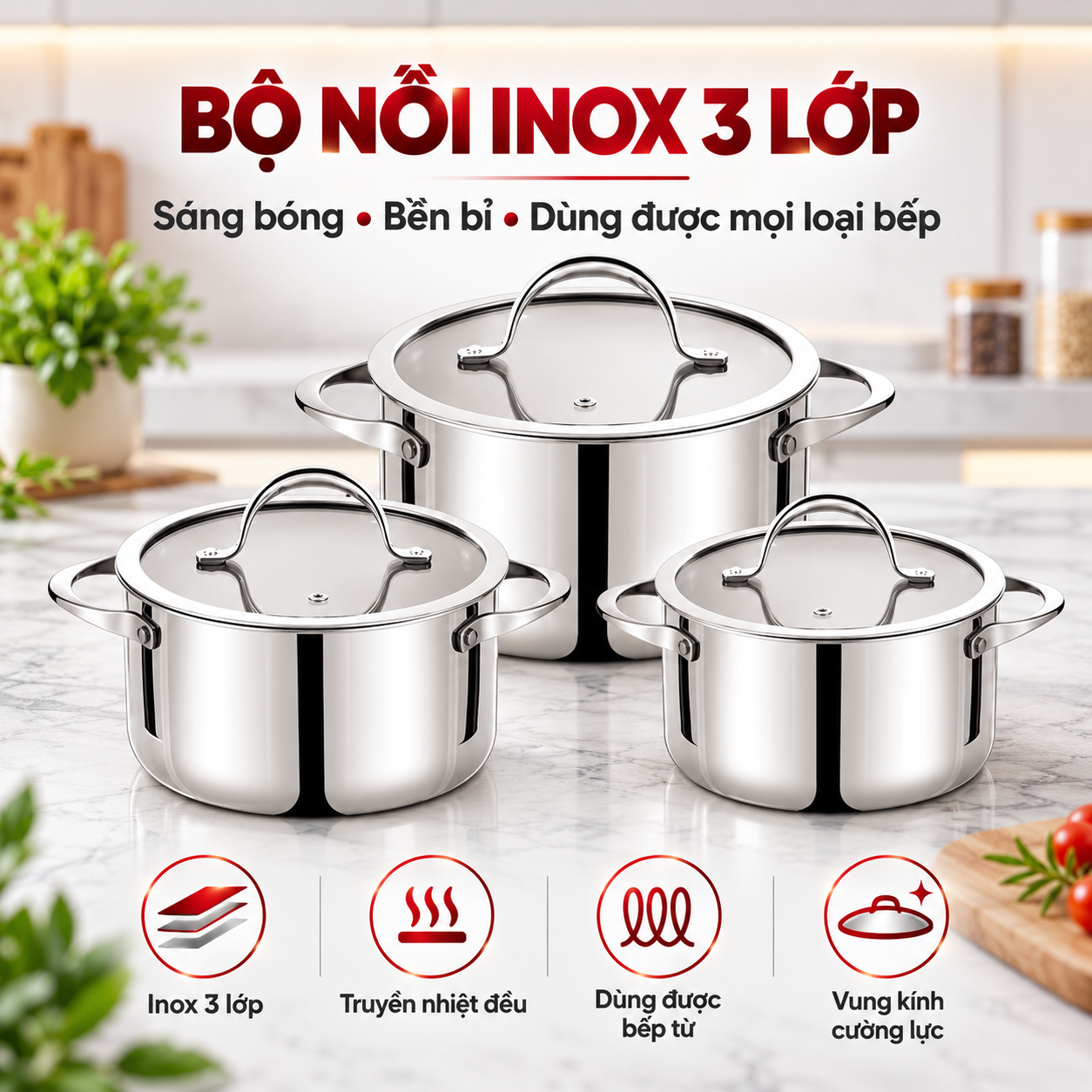 Bộ nồi Inox 304 cao cấp 3 lớp đáy liền ROLER RCW-1115S03.6 (Size 16-20-24cm)