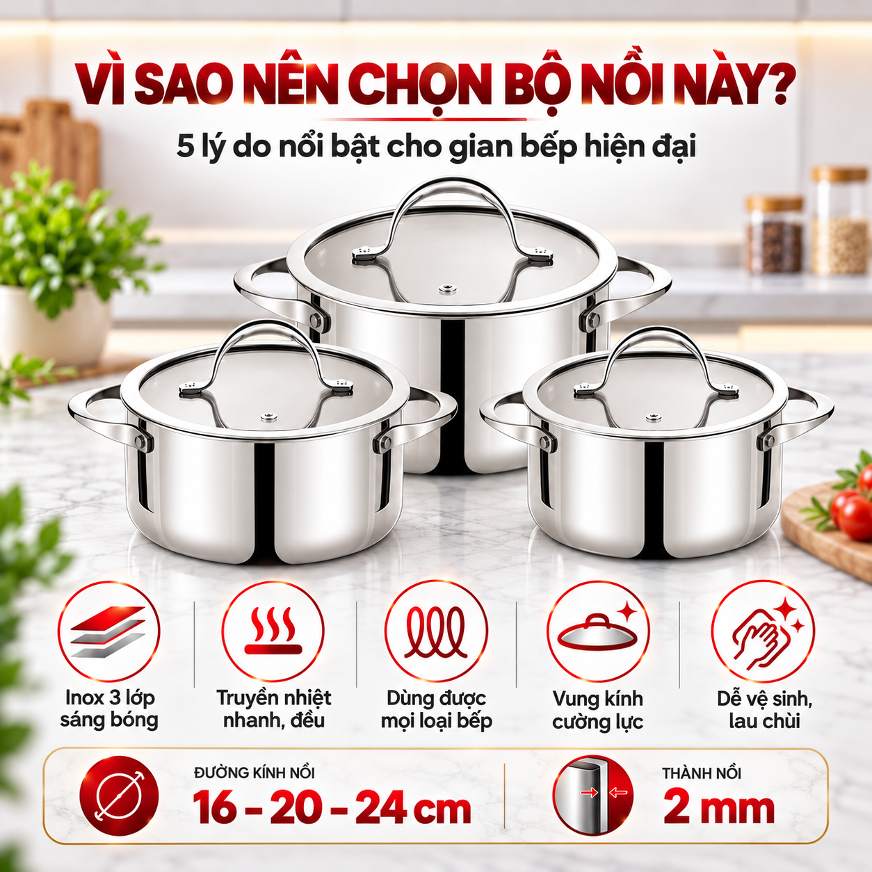 Bộ nồi Inox 304 cao cấp 3 lớp đáy liền ROLER RCW-1115S03.6 (Size 16-20-24cm)