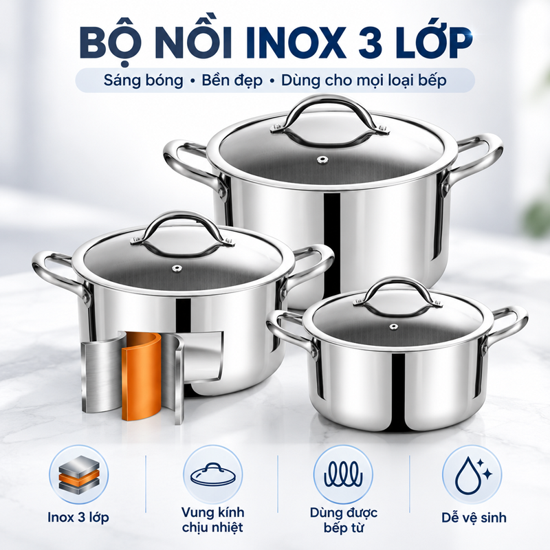 Bộ nồi Inox 304 cao cấp 3 lớp đáy liền ROLER RCW-1115S04.6 (Size 16-20-24cm)