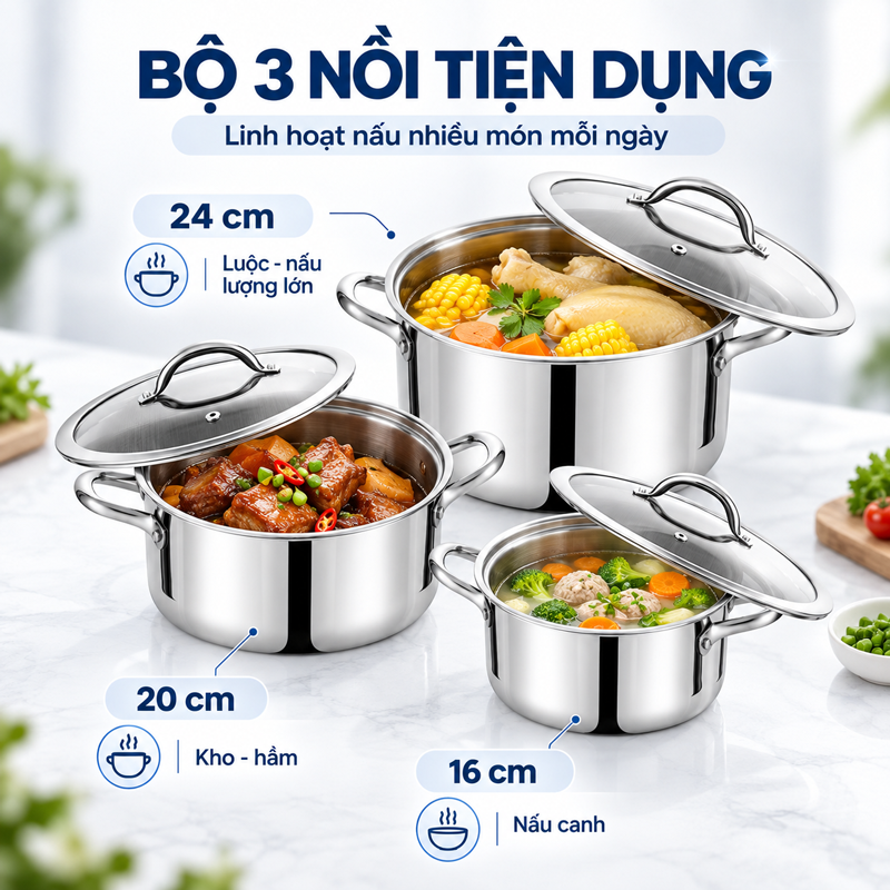 Bộ nồi Inox 304 cao cấp 3 lớp đáy liền ROLER RCW-1115S04.6 (Size 16-20-24cm)