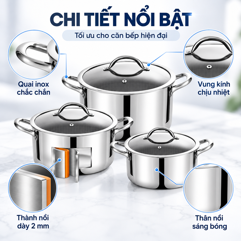 Bộ nồi Inox 304 cao cấp 3 lớp đáy liền ROLER RCW-1115S04.6 (Size 16-20-24cm)