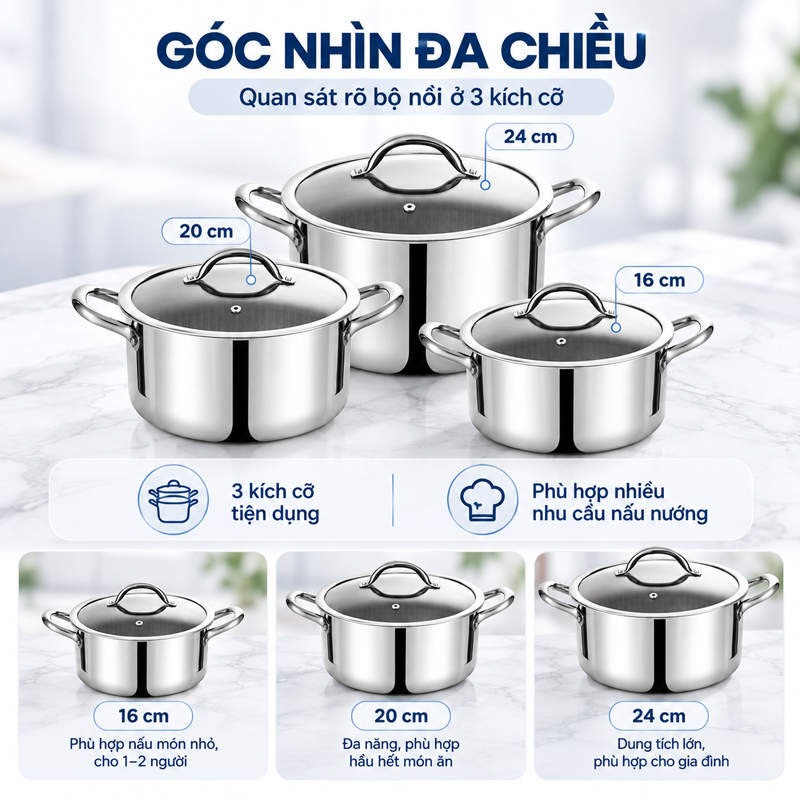 Bộ nồi Inox 304 cao cấp 3 lớp đáy liền ROLER RCW-1115S04.6 (Size 16-20-24cm)