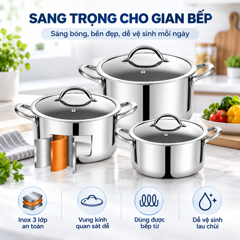 Bộ nồi Inox 304 cao cấp 3 lớp đáy liền ROLER RCW-1115S04.6 (Size 16-20-24cm)