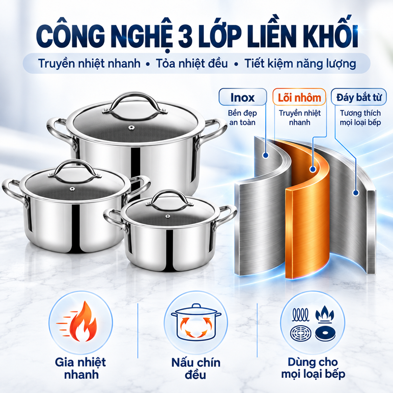 Bộ nồi Inox 304 cao cấp 3 lớp đáy liền ROLER RCW-1115S04.6 (Size 16-20-24cm)