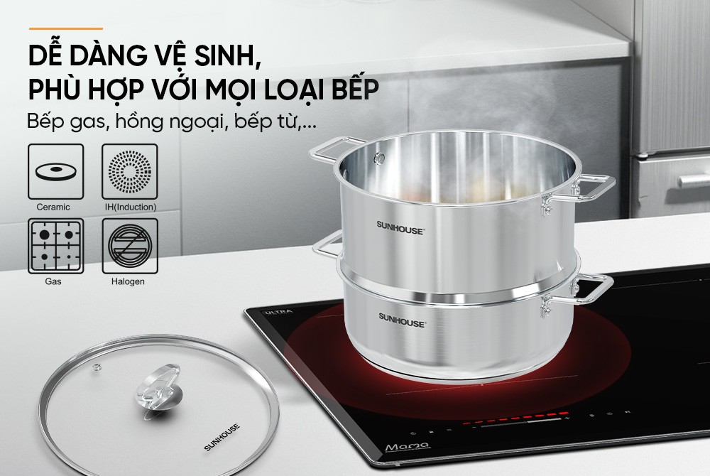 Bộ nồi xửng 3 đáy Sunhouse SHG507-24C