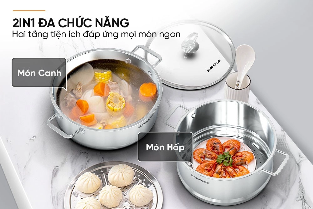 Bộ nồi xửng 3 đáy Sunhouse SHG507-24C