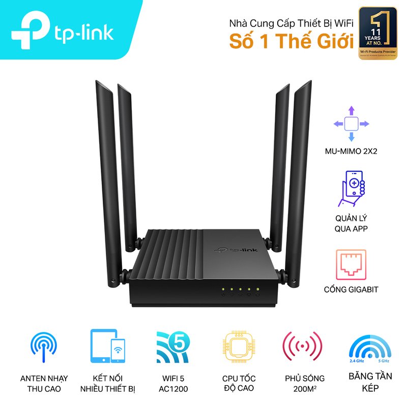 Bộ phát Wifi TPLink chuẩn AC1200 Archer C64 Giga