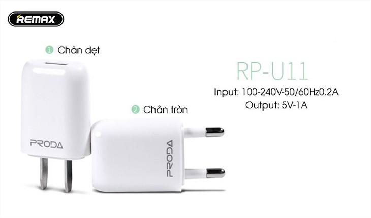 Bộ sạc chân điện thoại Lightning Remax Proda 1.0A RP - U11