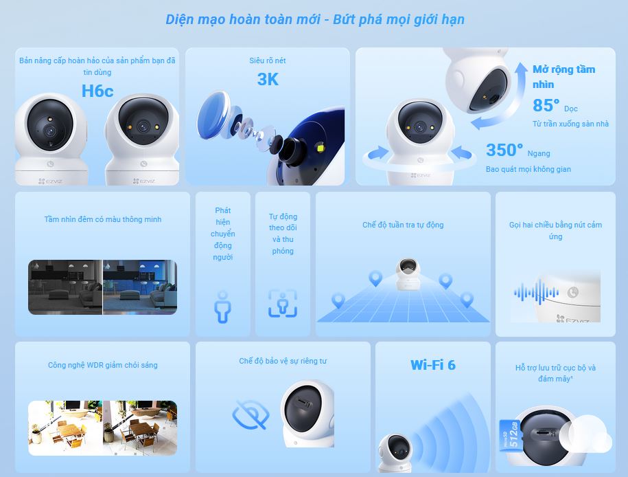 Camera Wifi Ezviz CS-H6C 5MP (3K, gọi điện qua app, quay quét, đêm full màu)