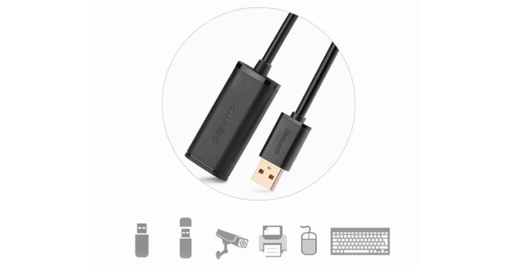 Dây USB 2.0 nối dài có chipset màu đen, dài 10M Ugreen (10321) US121