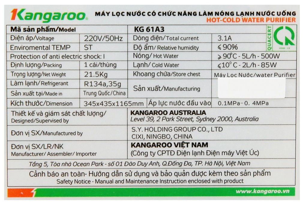 Cây lọc nước nóng lạnh 5 lõi Kangaroo KG61A3