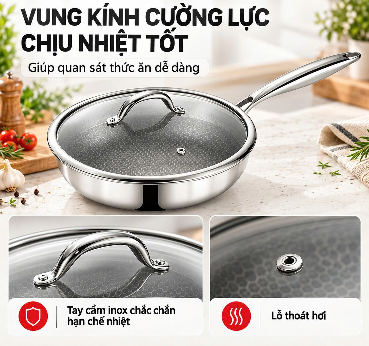 Chảo xào inox 304 cao cấp 3 lớp đáy liền ROLER RFP-1114SNS.26A ( size 26, có nắp)