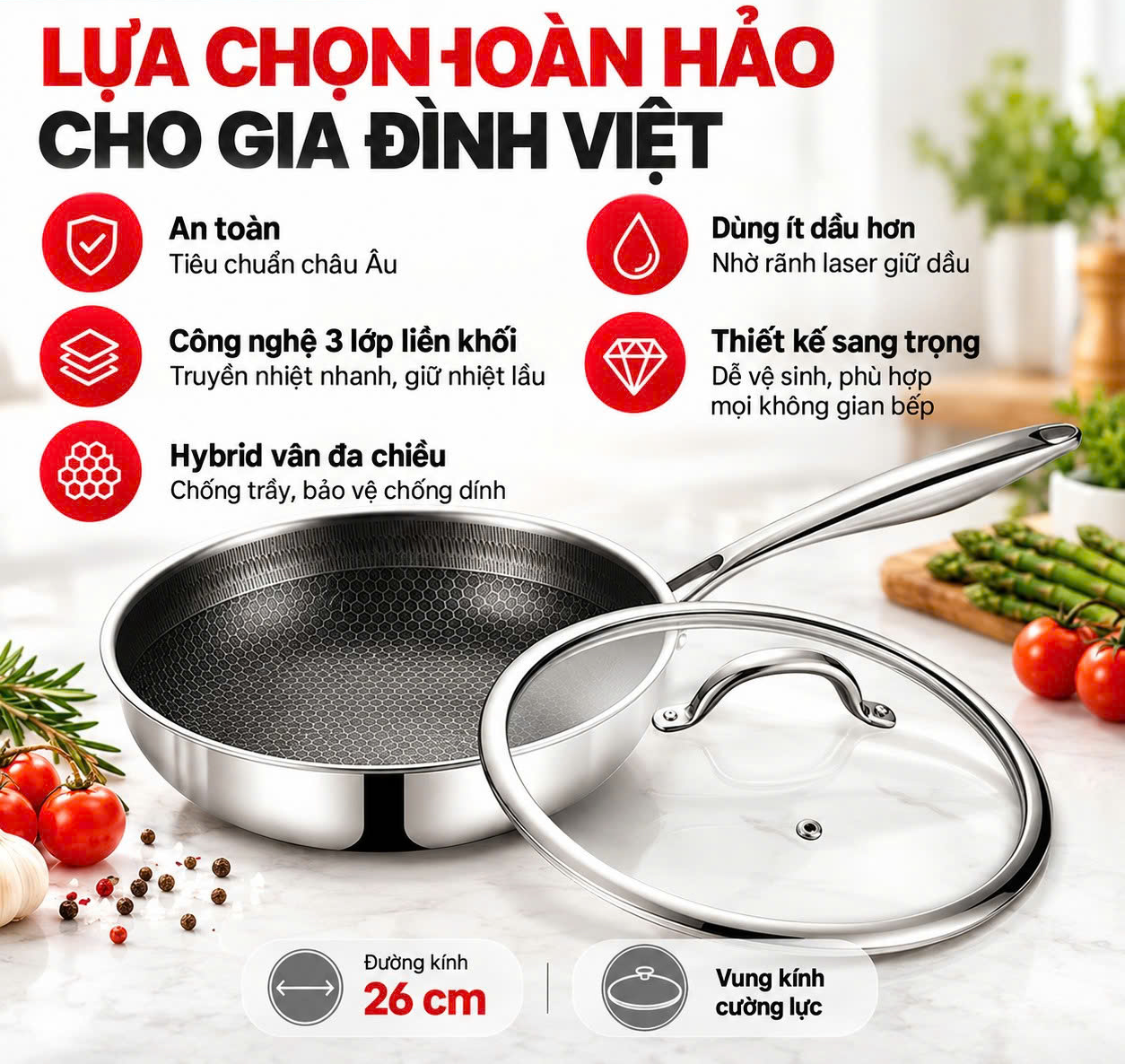 Chảo xào inox 304 cao cấp 3 lớp đáy liền ROLER RFP-1114SNS.26A ( size 26, có nắp)