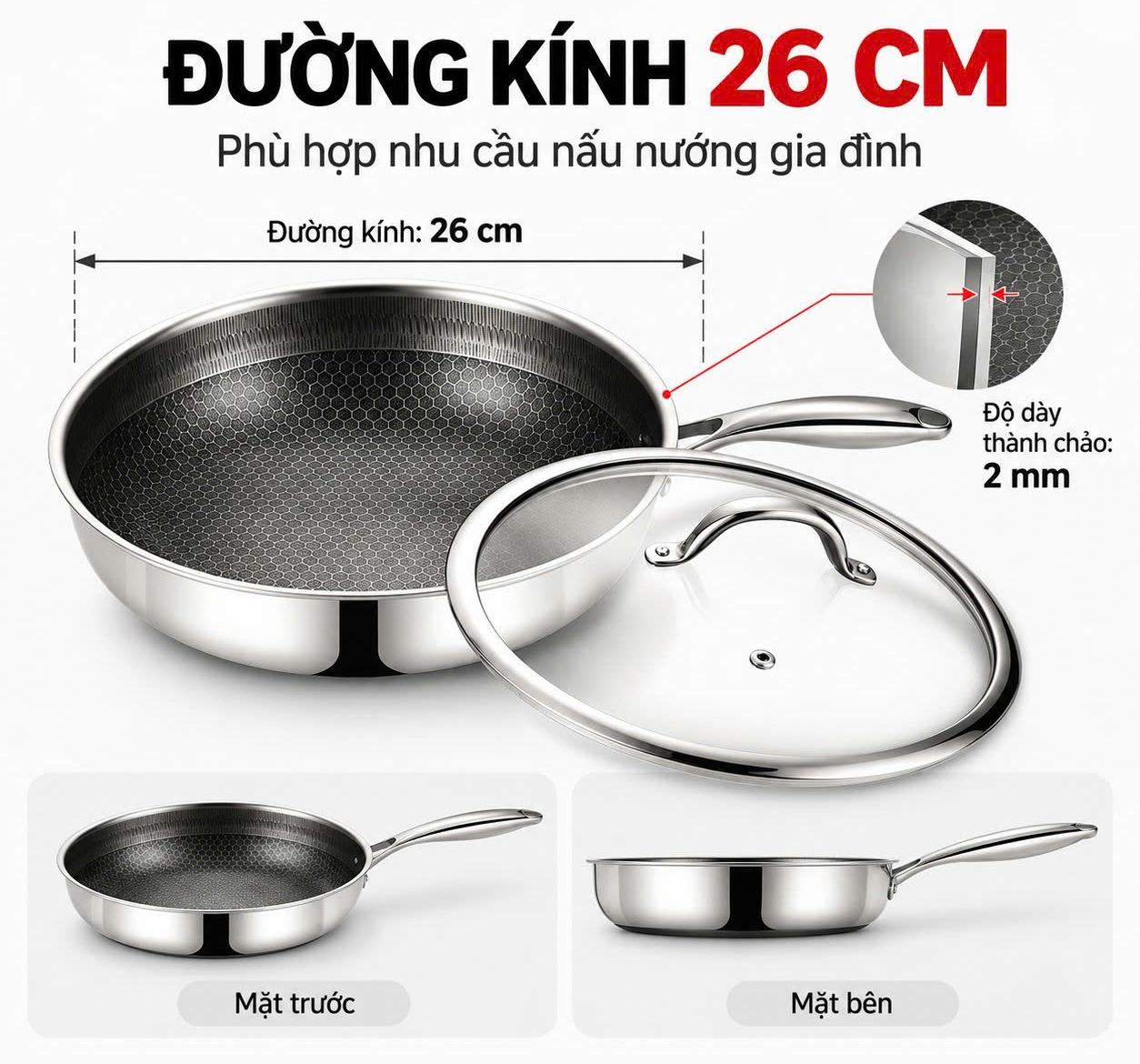 Chảo xào inox 304 cao cấp 3 lớp đáy liền ROLER RFP-1114SNS.26A ( size 26, có nắp)