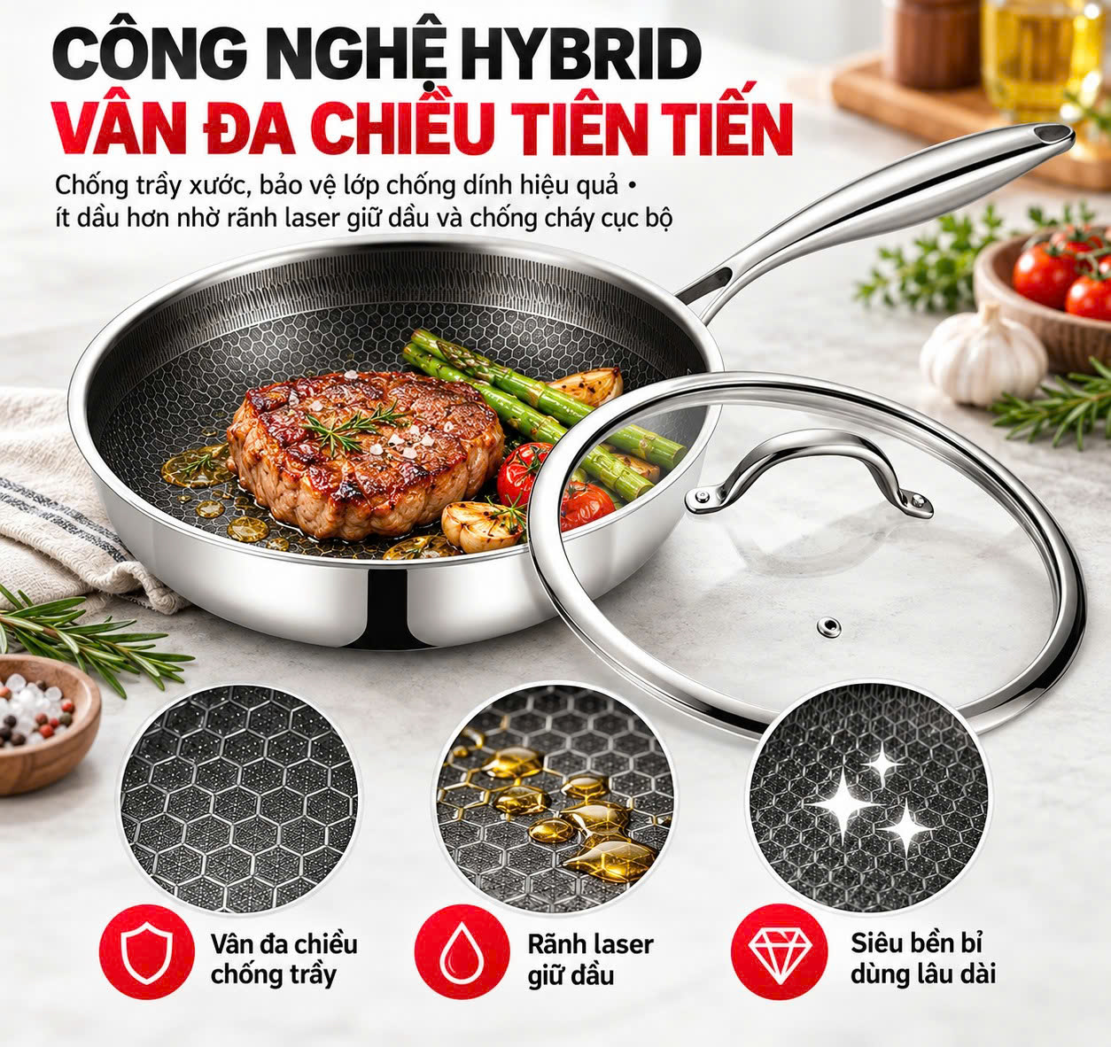 Chảo xào inox 304 cao cấp 3 lớp đáy liền ROLER RFP-1114SNS.26A ( size 26, có nắp)
