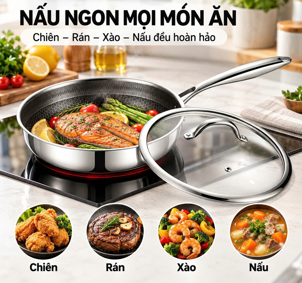 Chảo xào inox 304 cao cấp 3 lớp đáy liền ROLER RFP-1114SNS.26A ( size 26, có nắp)