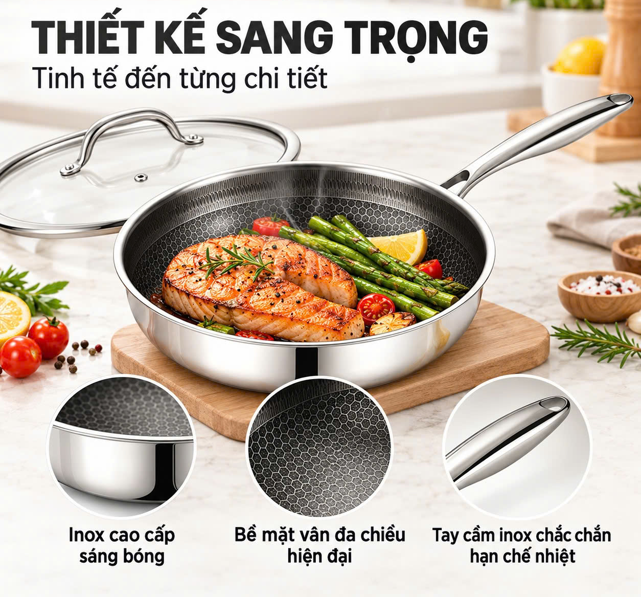 Chảo xào inox 304 cao cấp 3 lớp đáy liền ROLER RFP-1114SNS.26A ( size 26, có nắp)