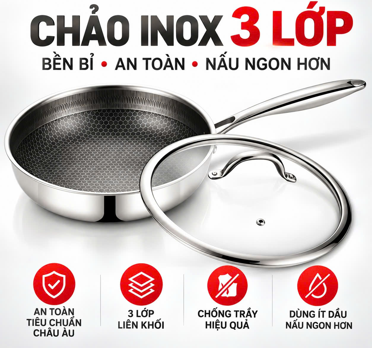 Chảo xào inox 304 cao cấp 3 lớp đáy liền ROLER RFP-1114SNS.26A ( size 26, có nắp)