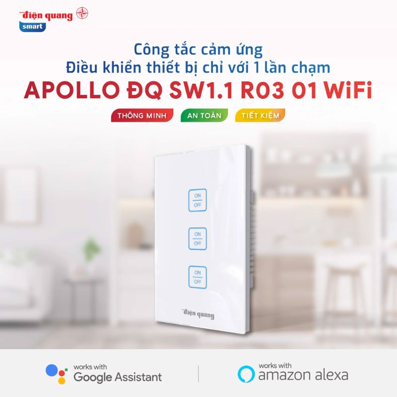 Công Tắc Cảm Ứng Apollo ĐQ SW1.1 R 03 01 WiFi (Kiểu màu trắng, 3 nút, chữ nhật, 3 kênh điều khiển ON/OFF, WiFi)