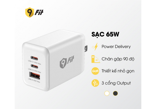 Củ sạc 9FIT  PD 65W 1A2C GaN White - 9FAC002W