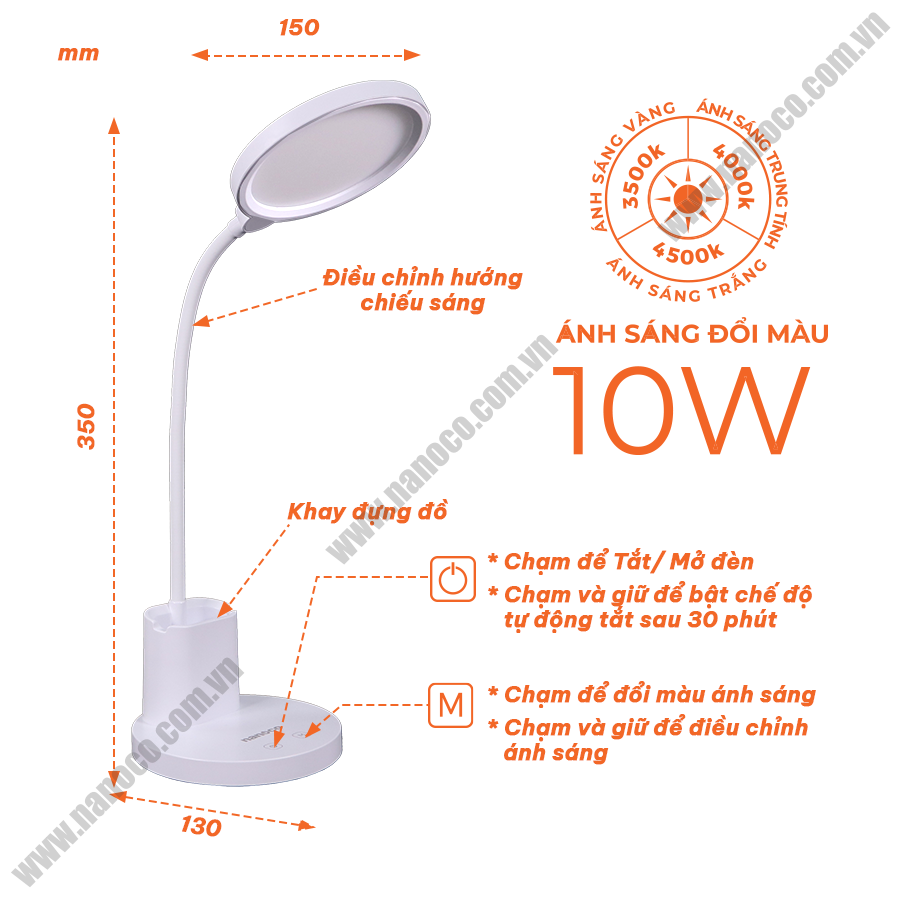 Đèn bàn LED Nanoco 10W trắng, đổi màu, chỉnh as NDK10WC