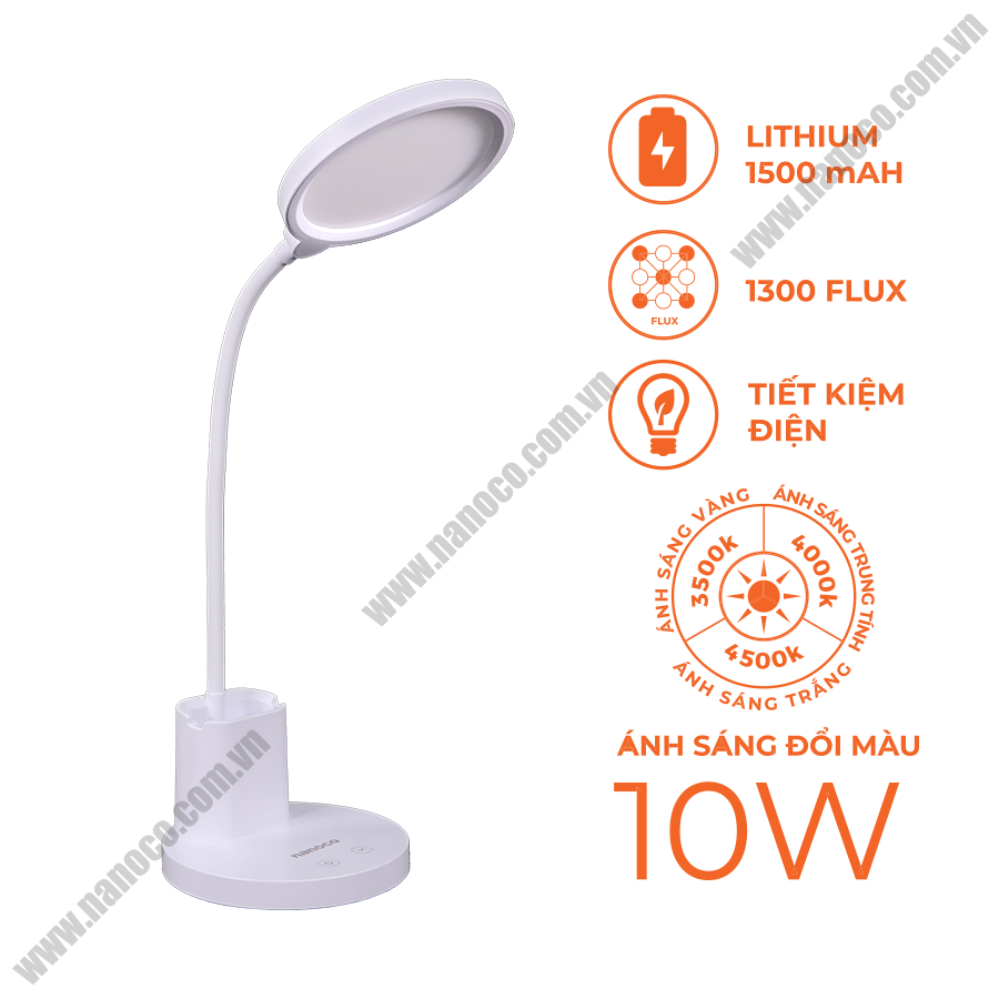 Đèn bàn LED Nanoco 10W trắng, đổi màu, chỉnh as NDK10WC