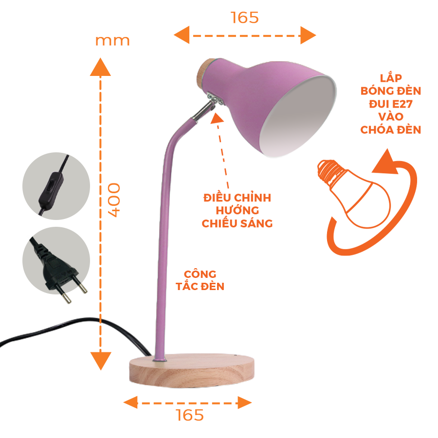 Đèn bàn Nanoco E27, đế gỗ, màu hồng NDKC03WP