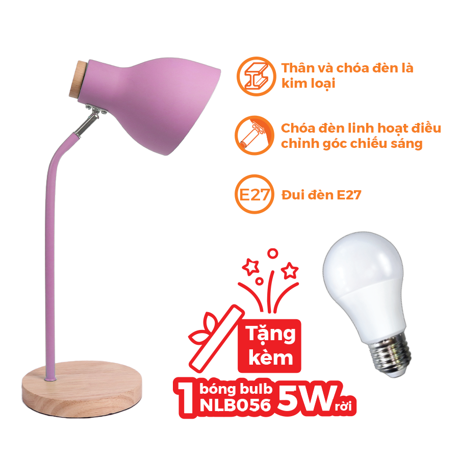 Đèn bàn Nanoco E27, đế gỗ, màu hồng NDKC03WP