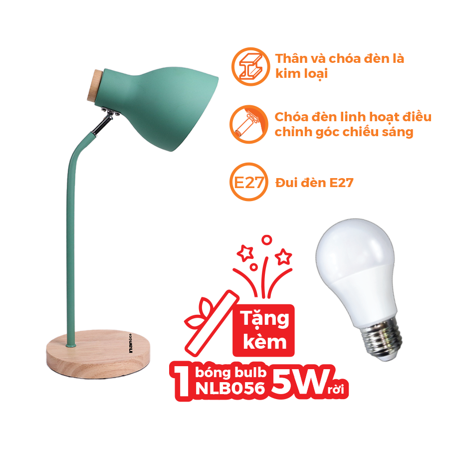 Đèn bàn Nanoco E27, đế gỗ, màu xanh lá NDKC03WG